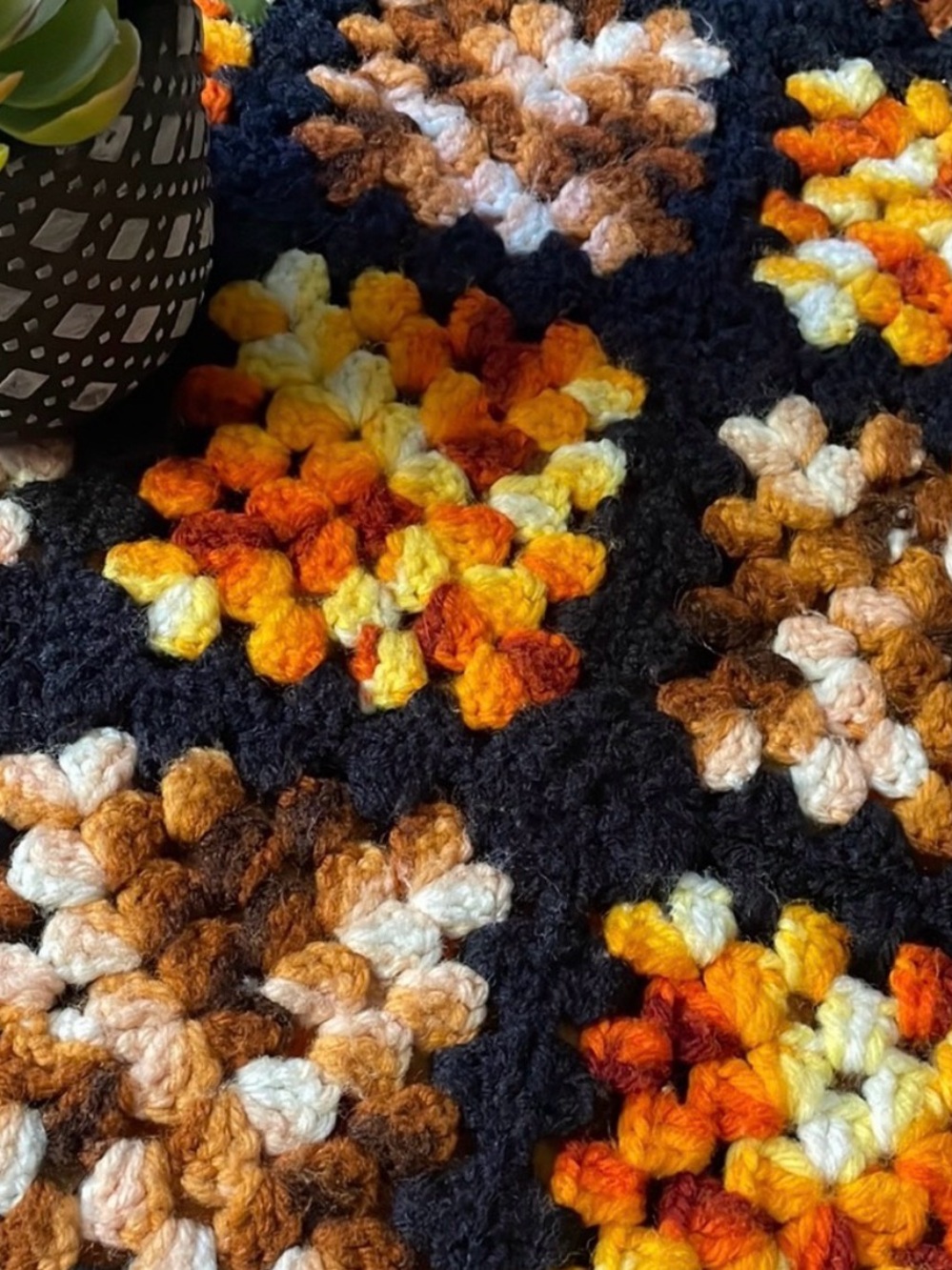 Vintage Handmade Crochet Granny Square Throw Blanket Black with Autumn Tones